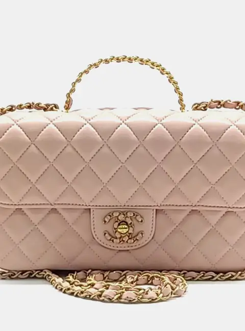 Chanel Small Top Handle Flap Pink Lambskin Leather Shoulder Bag