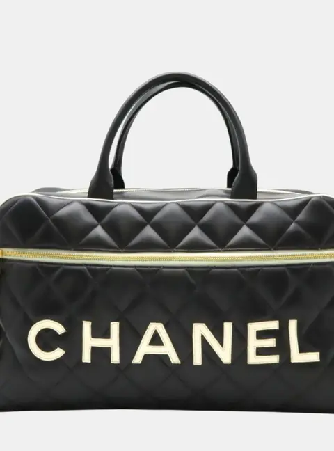 Chanel Black White Leather Matelasse Bowling Boston Bag