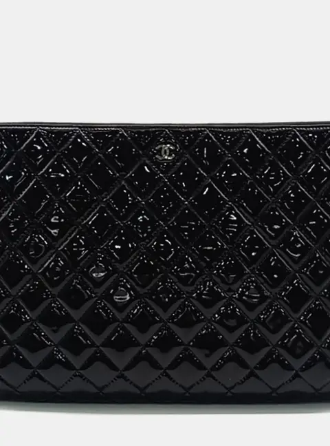 Chanel Classic O -Case Large Black Quilted Patent Leather Clutch Bag