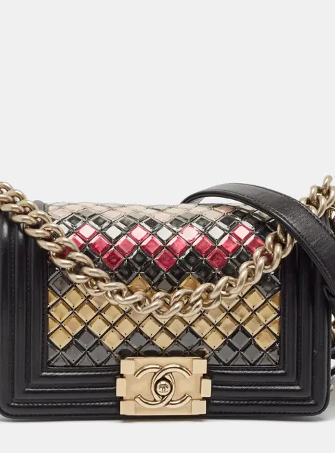 Chanel Black Leather and Sequins Tile Brasserie Mosaic Small Boy Bag