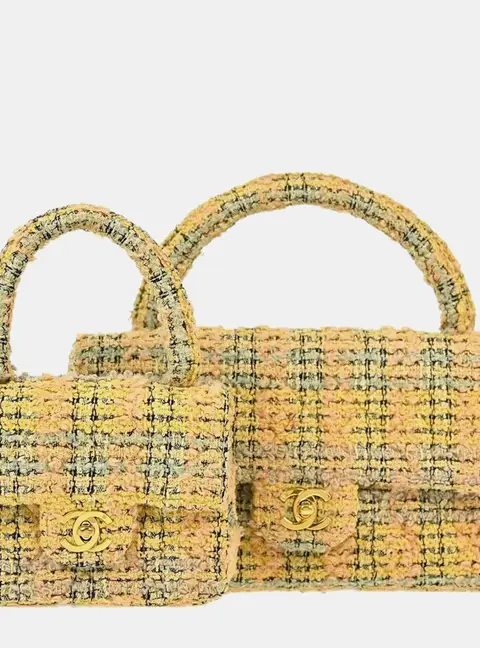 Chanel Classic Parent Child Yellow Tweed Top Handle Bag
