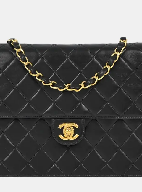 Chanel Vintage Half Flap Small Black Lambskin Leather Shoulder Bag