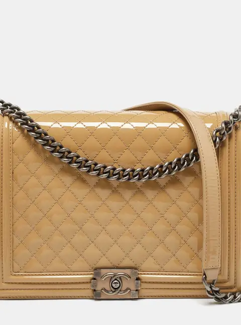 Chanel Beige Quilted Patent Leather Large Boy Flap Bag