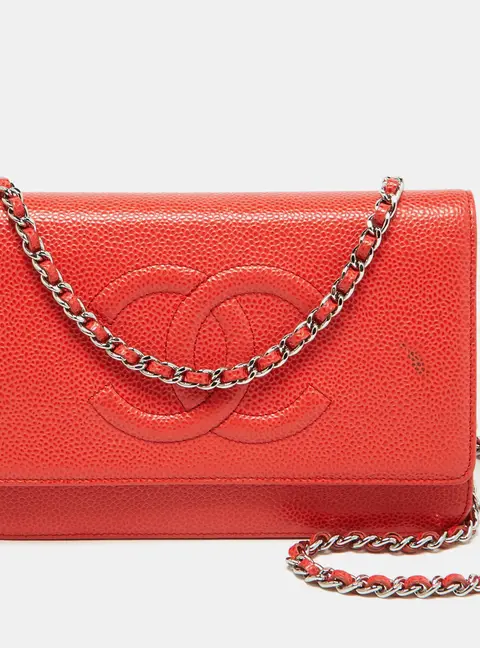 Chanel Orange Caviar Leather Timeless CC Wallet On Chain