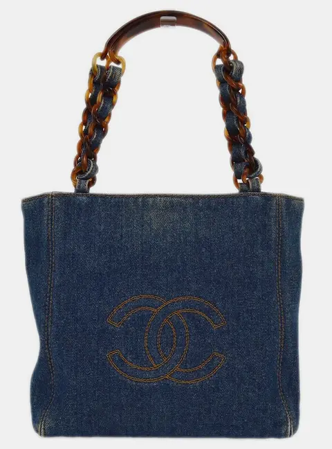 Chanel Vintage Stitched CC Medium Blue Denim Tortoiseshell Chain Link Tote Bag