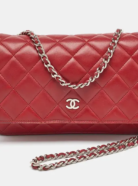 Chanel Red Quilted Leather CC Wallet On Chain