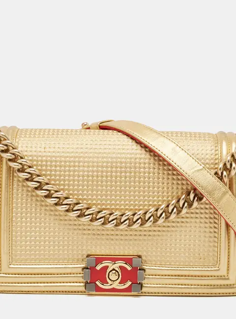 Chanel Gold/Red Cube Embossed Leather Medium Boy Flap Bag