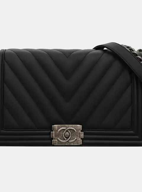 Chanel Boy Medium Black Chevron Quilted Lambskin Leather Shoulder Bag