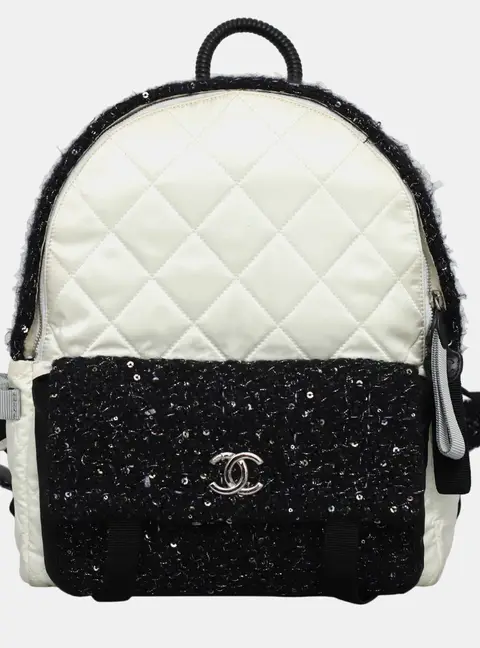 Chanel Quilted Nylon and Tweed Mini Black and White Backpack Bag
