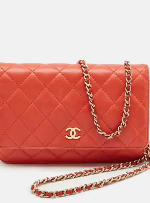 Chanel Orange Quilted Leather CC Wallet On Chain
