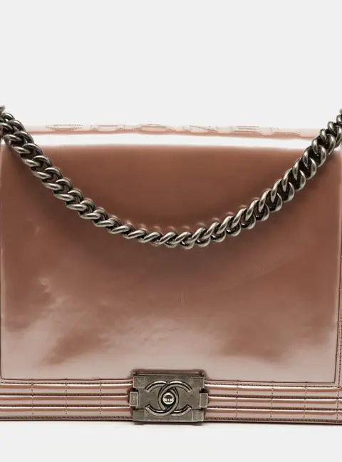Chanel Reverso Boy Medium Beige Patent Leather Shoulder Bags