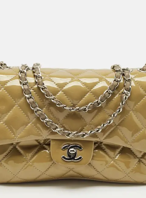Chanel Beige Quilted Patent Leather 3 Compartment Classic Flap Bag