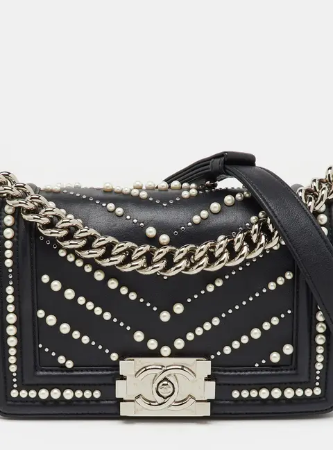 Chanel Black Leather Pearl Chevron Small Boy Flap Bag