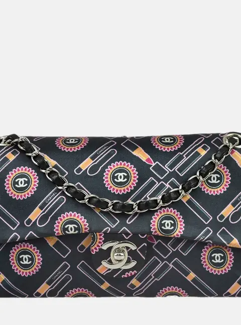 Chanel Classic Single Flap Medium Black Multicolor Satin Shoulder Bag