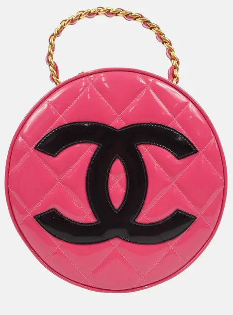 Chanel Vintage 1995 Barbie Collection Pink Patent Leather Round Vanity Top Handle Bag