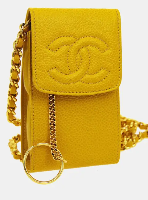 Chanel Timeless Pochette Yellow Caviar Leather Shoulder Bag