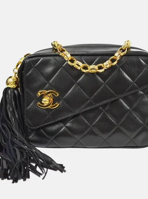 Chanel Vintage Mademoiselle Fringe Bijou Chain Black Lambskin Leather Shoulder Bag