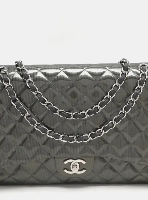 Chanel Grey Straited Quilted Patent Leather Maxi Classic Double Flap Bag