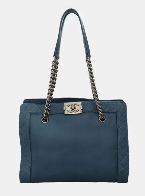 Chanel Boy Reverso Blue Leather Tote Bag