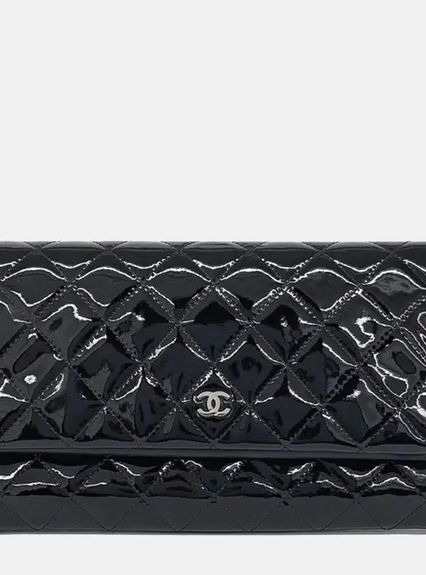 Chanel Beauty CC Fold -Over Black Quilted Patent Leather Clutch Bag