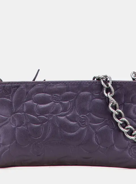 Chanel Camellia One Size Purple Embossed Lambskin Leather Chain Pochette Bag