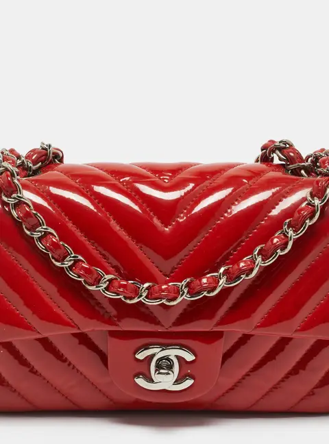 Chanel Red Chevron Patent Leather New Mini Classic Flap Bag