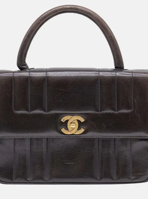 Chanel Vintage Vertical Tote Dark Brown Lambskin Leather Top Handle Bag