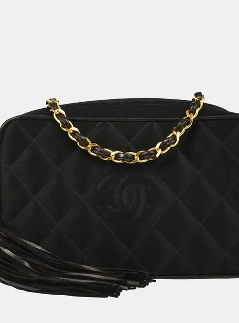 Chanel Vintage CC Tassel Small Black Satin Camera Bag