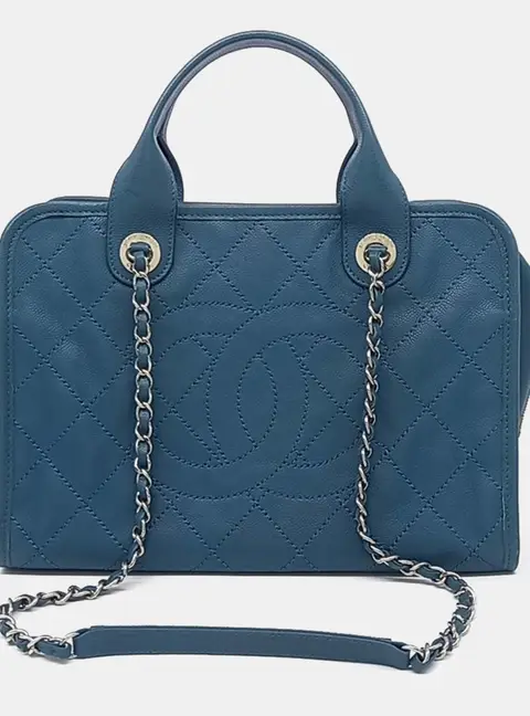 Chanel Small Business Affinity Blue Quilted Caviar Leather Satchel Bag