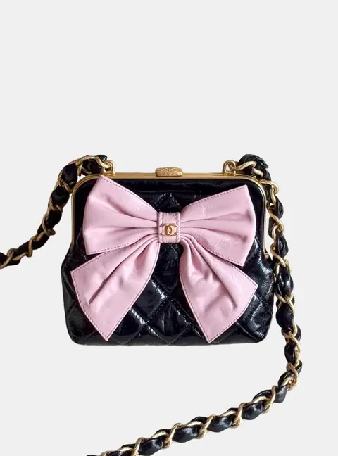 Chanel 24A Bow Clutch With Chain Mini Black Pink Patent Crumpled Lambskin Lambskin Crossbody Bag