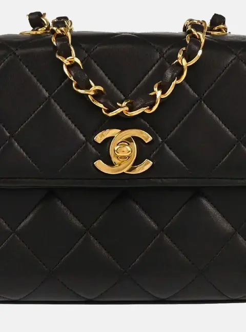 Chanel Vintage Mini Square Black Lambskin Gold Hardware Flap Shoulder Bag