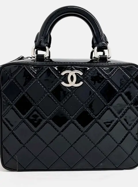 Chanel Small Black Patent Leather Vanity Top Handle Bag