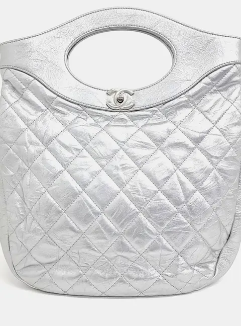 Chanel 31 Small Silver Crumpled Calfskin Leather Shopping Bag