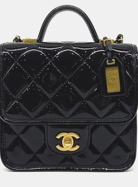 Chanel Small Black Patent Leather Top Handle Flap Bag