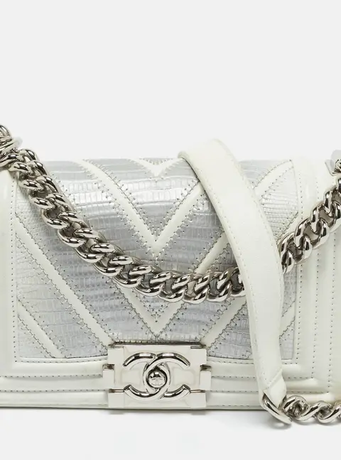 Chanel White/Grey Chevron Lizard and Leather Small Boy Flap Bag