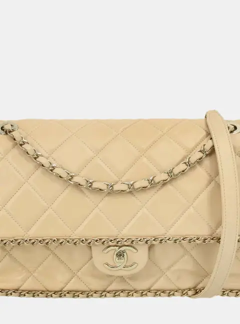Chanel Chain All Over Jumbo Beige Lambskin Flap Shoulder Bag
