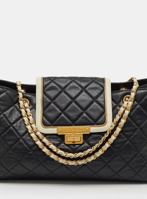 Chanel Black/Cream Quilted Leather East/West Mademoiselle Accordion Flap Bag