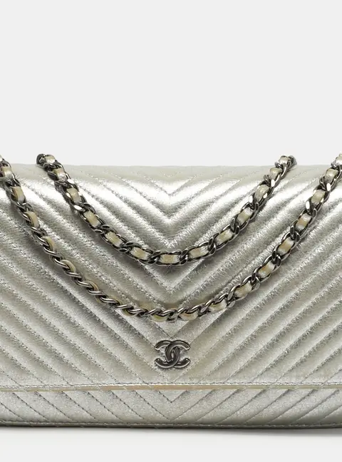 Chanel Silver Laminated Leather Wallet On Chain