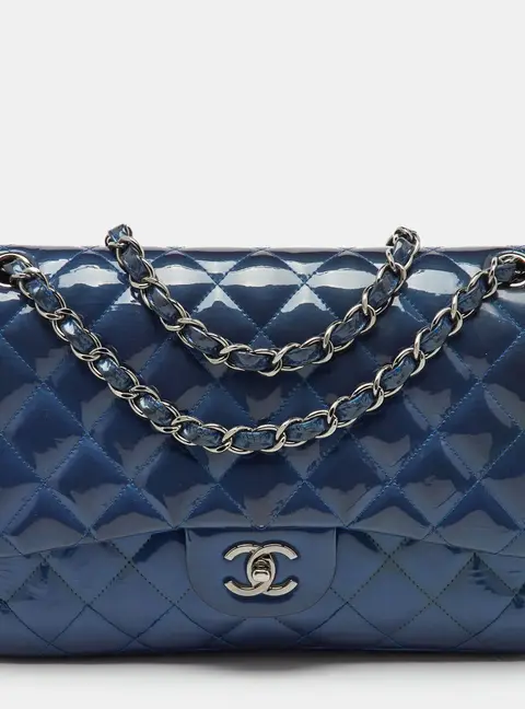Chanel Navy Blue Iridescent Patent Leather Classic Jumbo Double Flap Bag