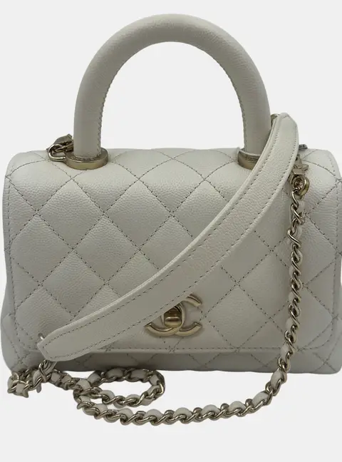 Chanel Coco Mini White Caviar Leather Top Handle Bag