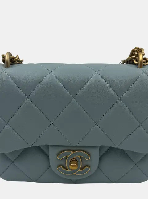 Chanel Mini Square Classic Light Blue Lambskin Leather Flap Bag