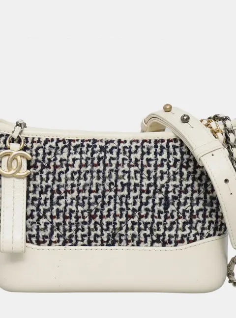 Chanel Gabrielle Small Blue White Tweed Calfskin Leather Hobo Bag
