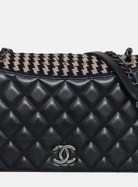 Chanel Ballerine Flap Black Lambskin Leather Tweed Shoulder Bag