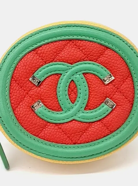 Chanel CC Filigree Small Red Green Yellow Caviar Grained Calfskin Leather Round Zipped Coin Purse Bag