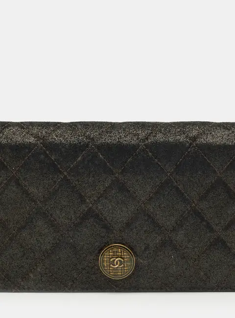 Chanel Black/Gold Quilted Suede Paris Edinburgh Long Wallet