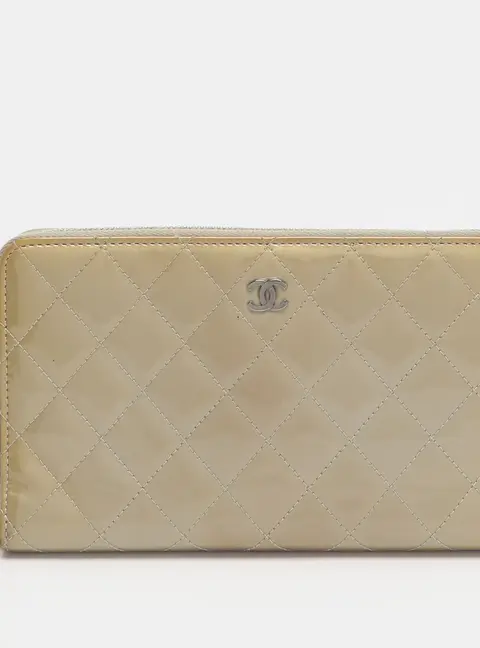 Chanel Olive Quilted Patent Leather CC Zip Around Organizer Wallet