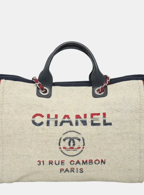 Chanel Deauville Medium Beige Striped Canvas Leather Tote Bag