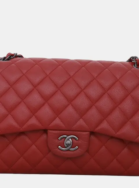 Chanel Classic Jumbo Red Caviar Grained Calfskin Leather Double Flap Bag