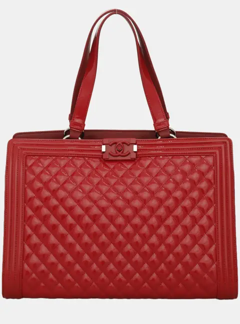 Chanel Boy Red Quilted Patent Leather Plexiglass Shopping Tote Bag