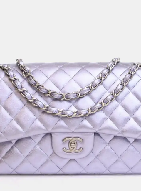 Chanel Classic Double Flap Jumbo Purple Metallic Lambskin Leather Shoulder Bag